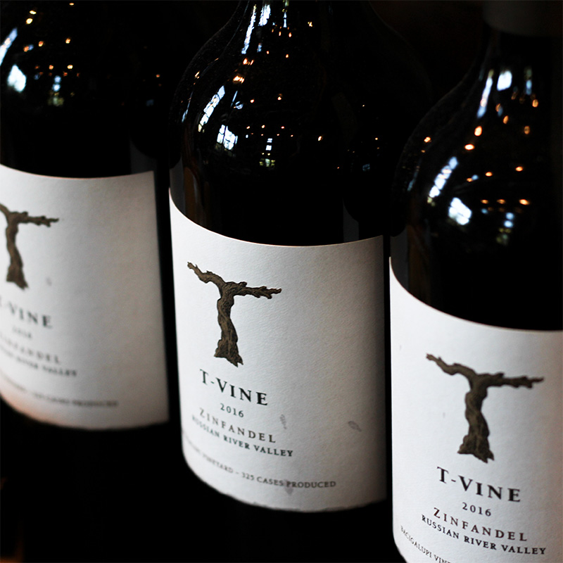 Closeup of T-Vine Bottle labels