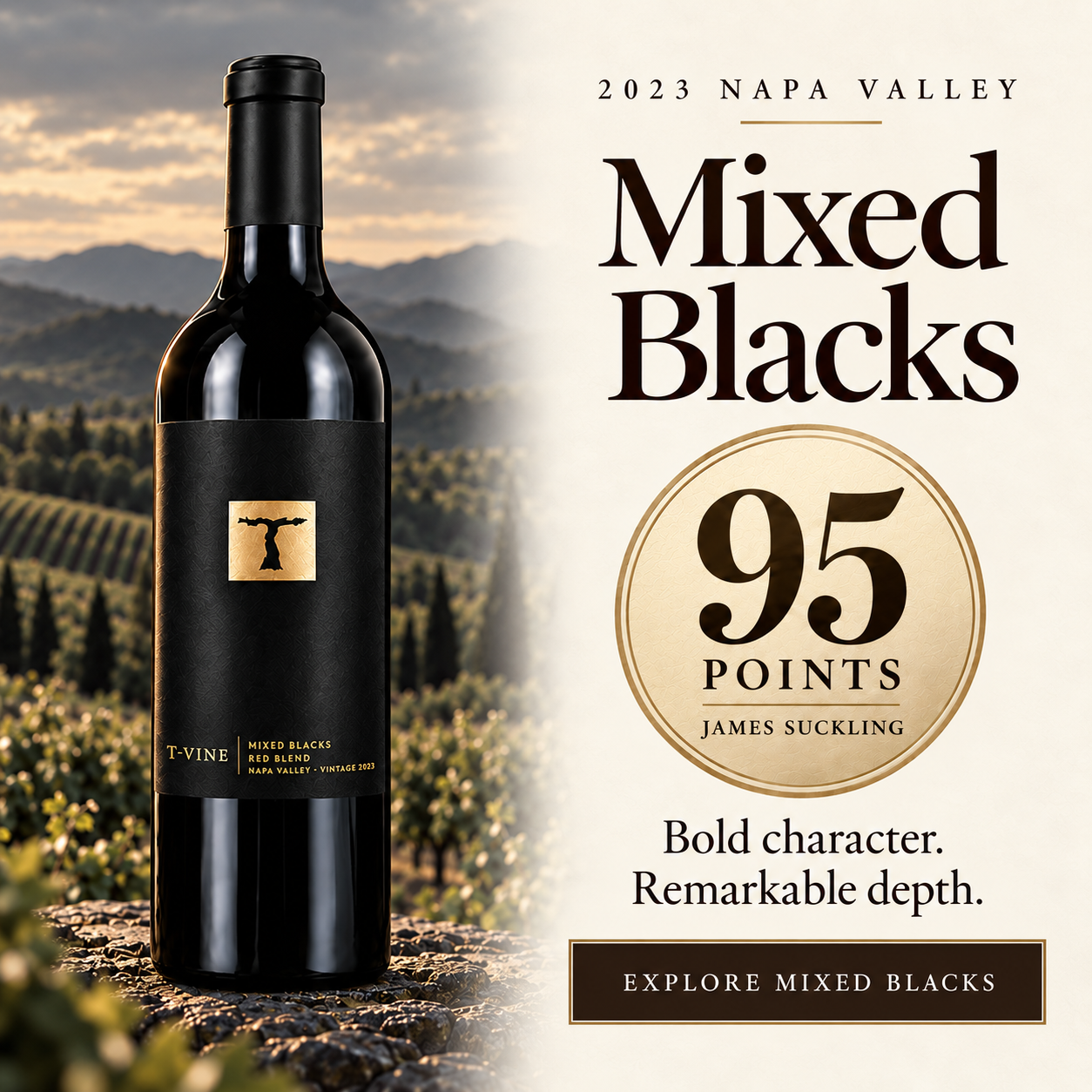 2023 Napa Valley Mixed Blacks — 95 points from James Suckling. Bold character. Remarkable depth. Explore Mixed Blacks.